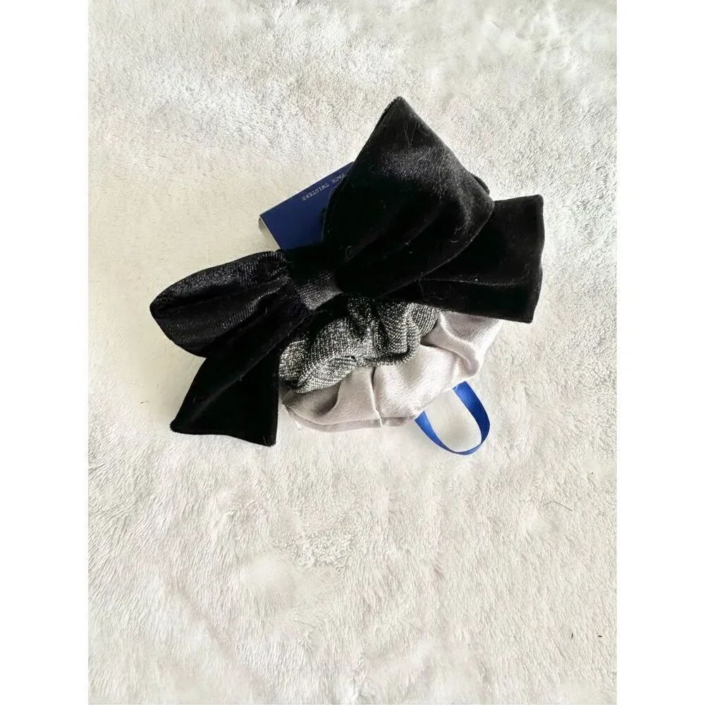 Set of three hair scrunchies black velvet bow, silver, glitter, & silver satin -